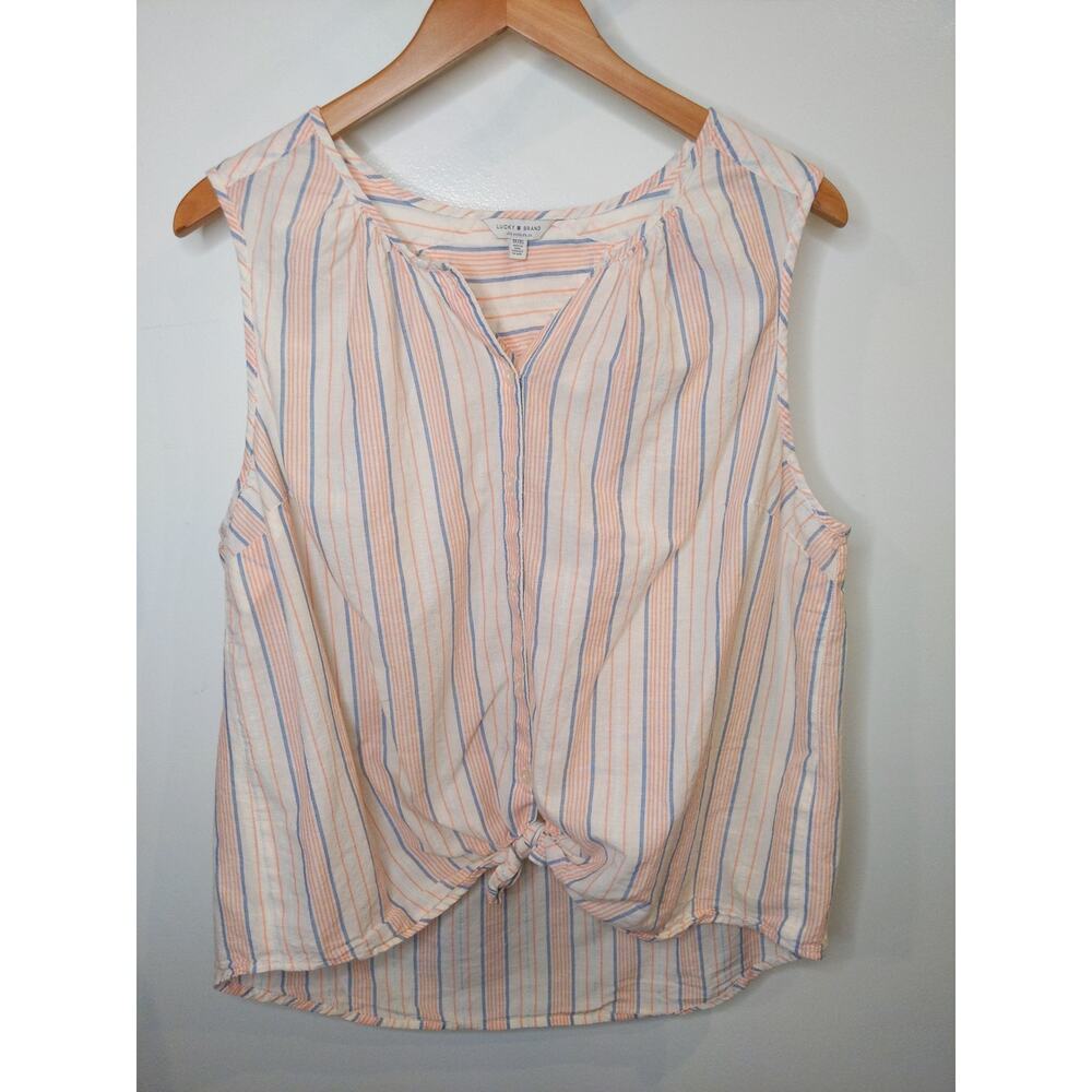 Lucky Brand Womens 1X Tank Top Tie Front Striped Cotton Cream Blue Peach